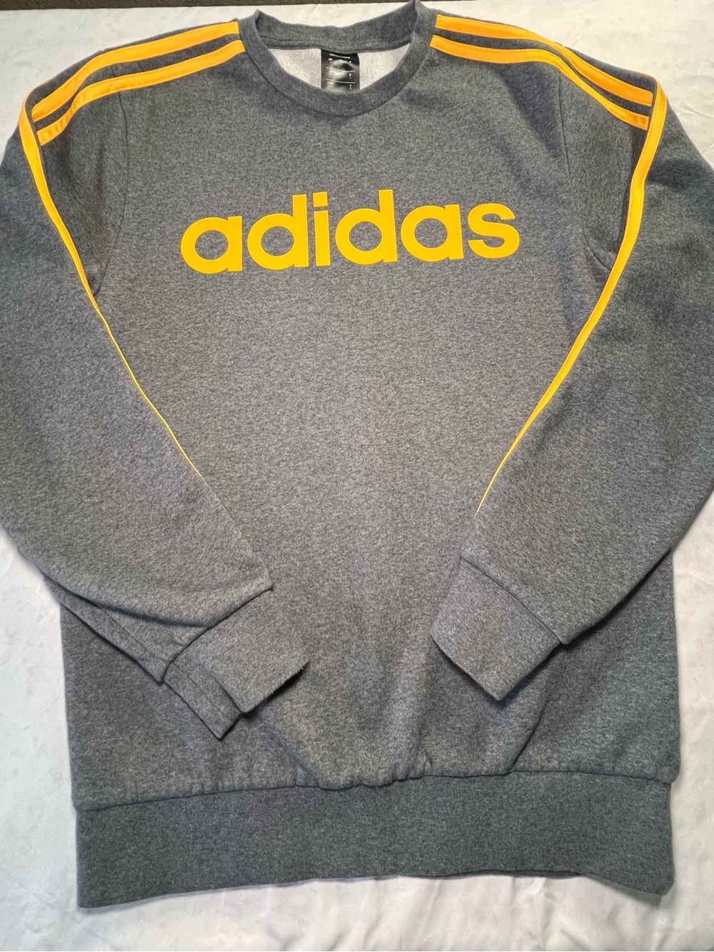 Adidas Gray Crewneck Sweatshirt with Yellow Logo and Shoulder Stripes,Small